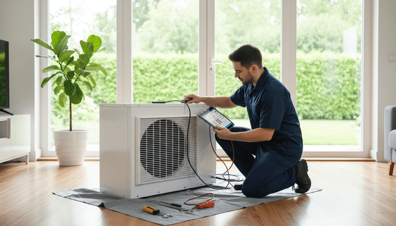 Professional HVAC technician servicing air conditioning system in Phoenix home